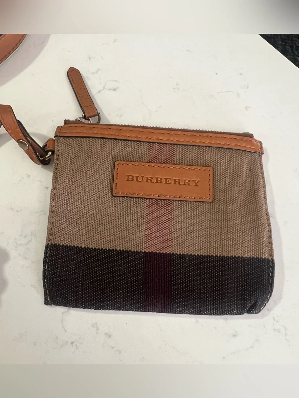 Burberry Beige, Brown and Red Check Crossbody Bag with Leather Trim